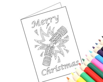 Printable Christmas Card to color, Zentangle Inspired Christmas Cracker. Christmas Arts and Crafts. Holiday Activity