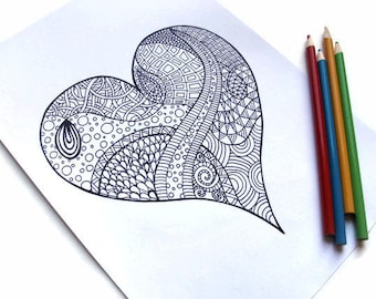 Valentine's Printable Coloring Page, Zentangle Inspired PDF Page 1: Zendoodle Heart
