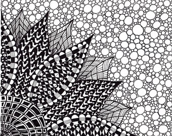 Abstract Ink Drawing, Zentangle Inspired Art Flower, Black and White, 8 x 10, Printable Art