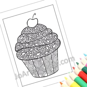 May include: A black and white line drawing of a cupcake with a cherry on top. The cupcake is decorated with intricate patterns and swirls.