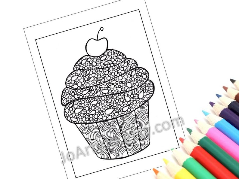May include: A black and white line drawing of a cupcake with a cherry on top. The cupcake is decorated with intricate patterns and swirls.