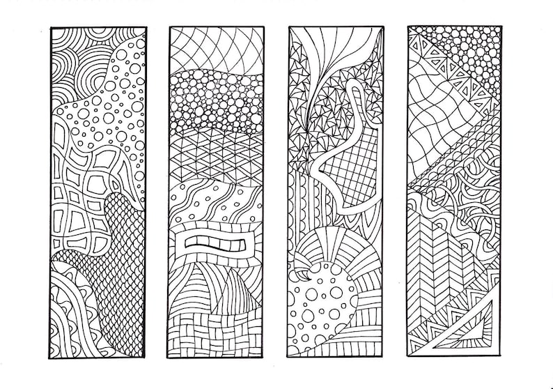 May include: Four black and white bookmark designs with intricate patterns. Each bookmark features a different combination of geometric shapes, swirls, and lines.