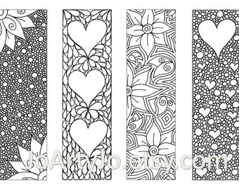Valentine's Bookmarks to print and color, Zentangle Inspired Hearts and Flowers, Printable Coloring, Digital Download, Sheet 8