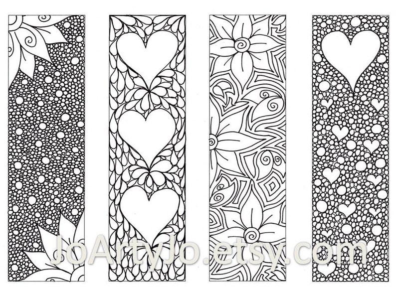 May include: Four black and white printable bookmark designs. The designs feature hearts, flowers, and abstract patterns.
