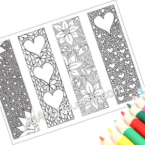 May include: Four black and white bookmark designs with intricate patterns and hearts. The bookmarks are ready to be colored in.