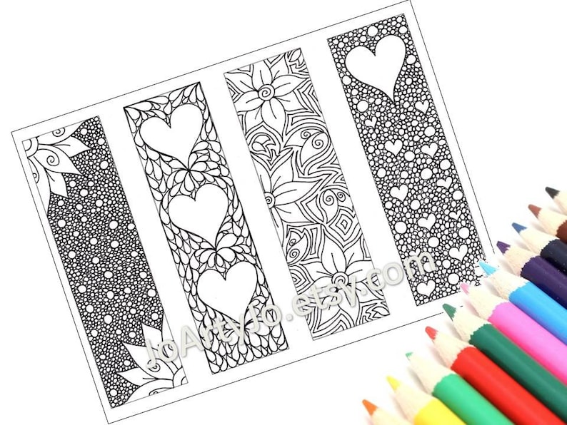 May include: Four black and white bookmark designs with intricate patterns and hearts. The bookmarks are ready to be colored in.