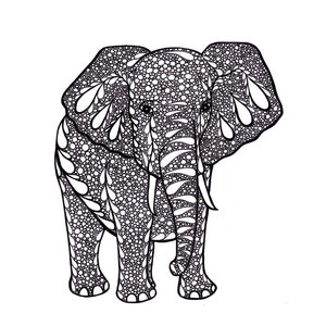 Elephant Art, Zentangle Inspired Art Print, PDF Printable Art, Ink Drawing, Black and White image 1