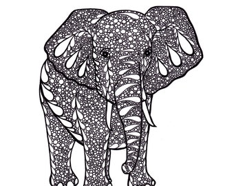 Elephant Art, Zentangle Inspired Art Print, PDF Printable Art, Ink Drawing, Black and White