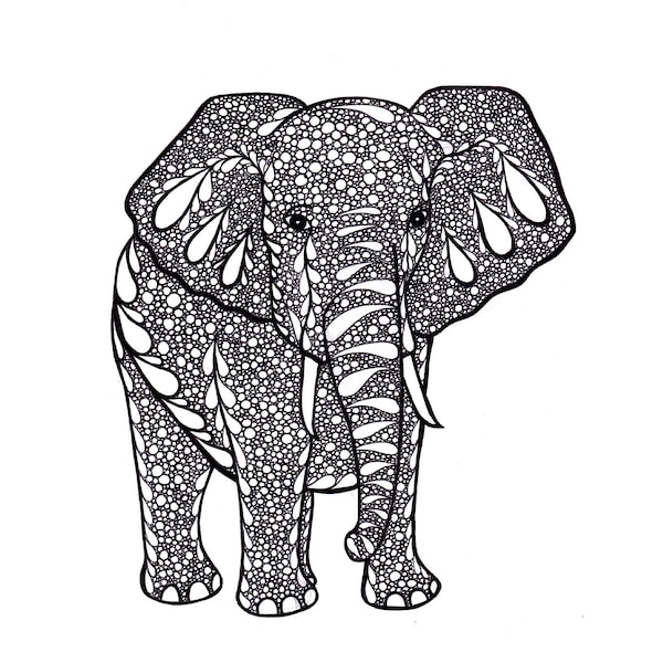 Elephant Art, Zentangle Inspired Art Print, PDF Printable Art, Ink Drawing, Black and White