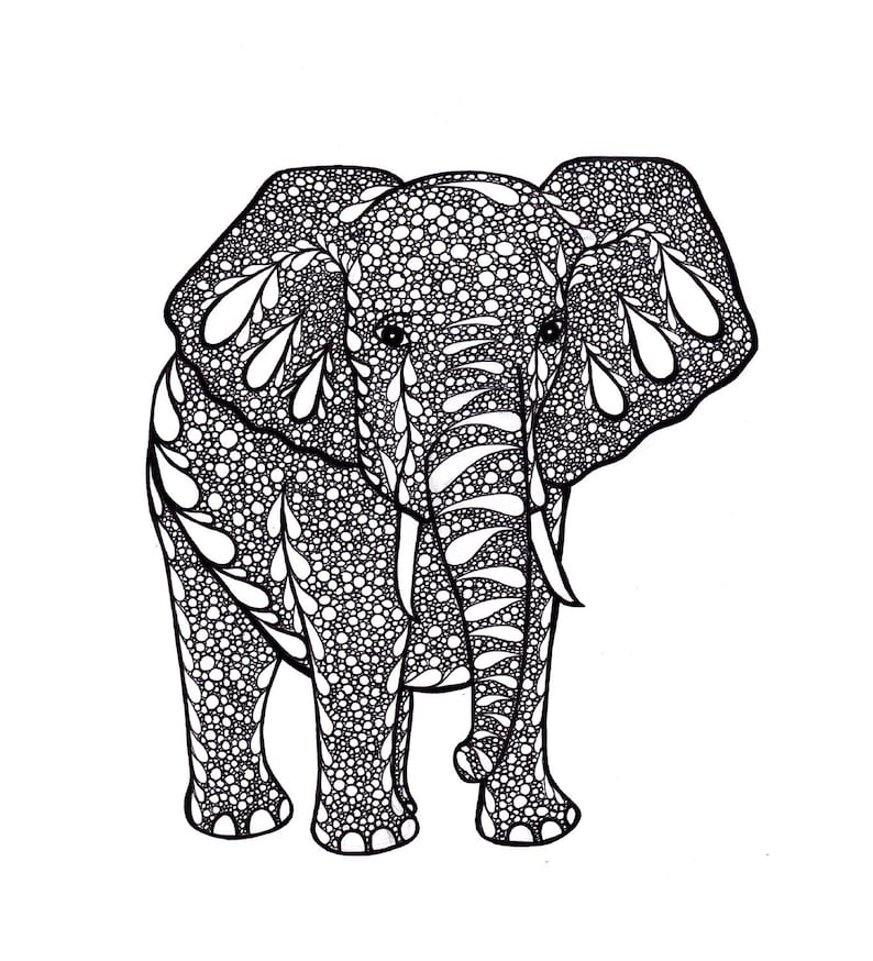 Elephant Art, Zentangle Inspired Art Print, PDF Printable Art, Ink Drawing, Black and White image 1