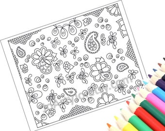 Instant Download Coloring Page Zentangle Inspired Printable, Zendoodle Paisley Pattern, Page 50
