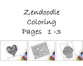 Coloring Pages, Zentangle Inspired Printable Pages 1-3: Heart, Cupcake and Flower. Instant Download.
