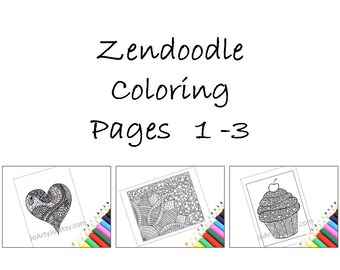 Printable Coloring Pages, Zentangle Inspired Pages 1-3: Heart, Cupcake and Flower. Instant Download.