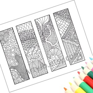 May include: Black and white printable bookmark design with five different patterns. The patterns are abstract and geometric.