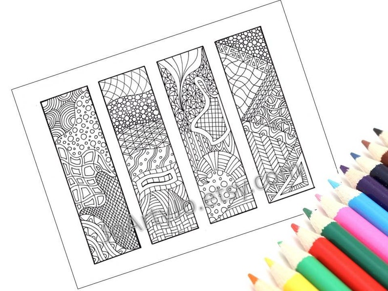 May include: Black and white printable bookmark design with five different patterns. The patterns are abstract and geometric.