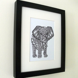 Elephant Art, Zentangle Inspired Art Print, PDF Printable Art, Ink Drawing, Black and White image 2