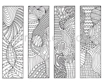 May include: Four vertical rectangular panels featuring intricate black and white line art patterns. Each panel contains a unique arrangement of geometric shapes, wavy lines, cross-hatching, circular motifs, and organic textures for coloring.
