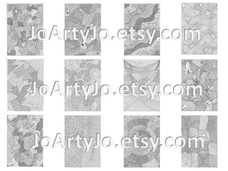 Peut inclure: Douze impressions d'art abstrait en noir et blanc. Chaque &oelig;uvre pr&eacute;sente des motifs et des textures uniques, avec des lignes, des points et des formes. Le nom de la boutique Etsy, JoArtyJo.etsy.com, est affich&eacute;.
