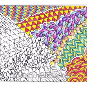 Puede incluir: Una impresión artística abstracta detallada y colorida con varios patrones y formas geométricas. El diseño incluye secciones de escamas, triángulos, gotas y líneas curvas, llenas de tonos vibrantes de rojo, amarillo, naranja, verde, azul y morado.