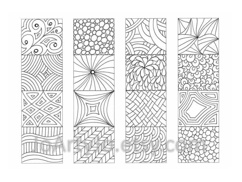 May include: Four black and white vertical panels with different geometric patterns. Each panel is divided into four sections with a different pattern in each section. The patterns include swirls, circles, lines, and geometric shapes.