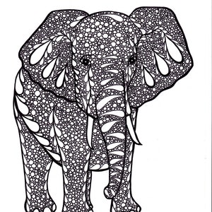 Elephant Art, Zentangle Inspired Art Print, PDF Printable Art, Ink Drawing, Black and White image 3