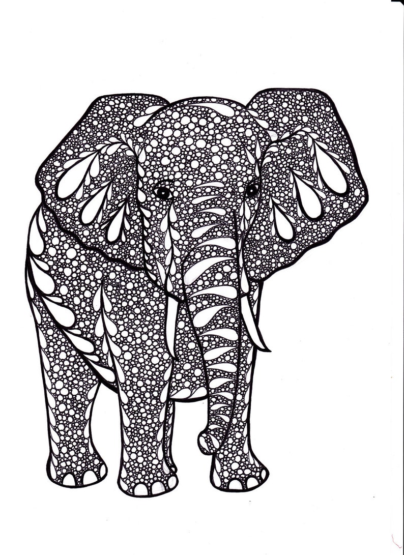 Elephant Art, Zentangle Inspired Art Print, PDF Printable Art, Ink Drawing, Black and White image 3