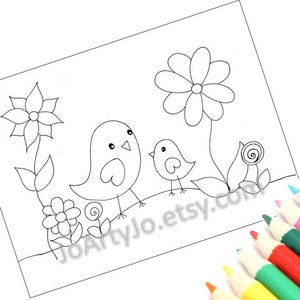 Coloring Page Printable PDF Instant Download, Cute Birds- Page 1