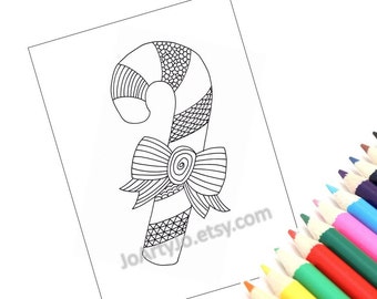 Printable Coloring Page 2, Christmas Zentangle Inspired Candy Cane. Holiday Activity for kids