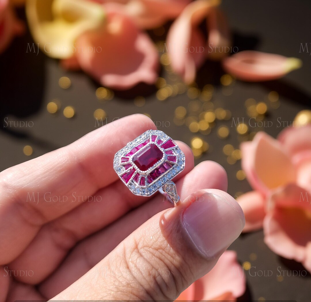 Vintage Style Ruby Target Ring, Art Deco Rectangle Ruby Ring, Baguette ...