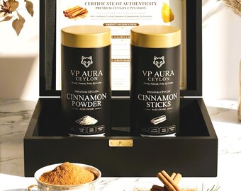 Caja de madera para especias con palitos de canela Alba y canela en polvo - Caja de regalo para inauguración de casa