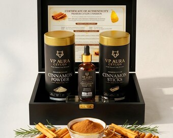 Set de regalo de canela Alba Ceylon en caja de madera: Palitos, polvo y aceite esencial de canela Alba.