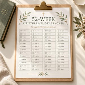May include: A 52-week scripture memory tracker printed on white paper, secured to a wooden clipboard with a gold metal clip. The document features a cross icon, green leaf illustrations, and a grid of 52 checkboxes labeled Week 1 through 52.