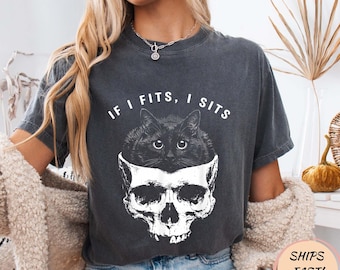 Si je me forme, je m'assieds T-shirt noir gothique avec crâne de chat et humour noir