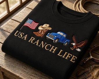 Custom Name Embroidered USA Ranch Life Sweatshirt Western Cowboy Boots Vintage Truck Eagle Patriotic Crewneck Country Gift Apparel