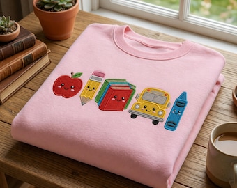 Custom Name School Icons Embroidered Sweatshirt Cute Teacher Aesthetic Back To School Fathers Day Gift For Dad Preschool Teacher