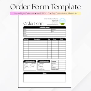 Può includere: Modello di modulo d'ordine stampabile in bianco e nero. Il modulo include campi per i dettagli del cliente, le descrizioni degli articoli, le quantità, i prezzi e i metodi di pagamento. Il testo "Order Form Template" è in alto.