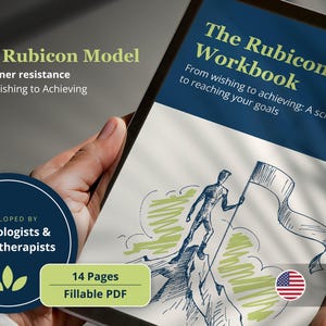 May include: A digital workbook titled The Rubicon Model featuring a sketch of a person standing on a mountain peak holding a flag. The cover includes the text From Wishing to Achieving and Developed by Psychologists & Psychotherapists. It is a 14-page fillable PDF.