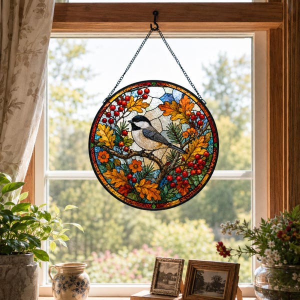 Chickadee Stained Glass Suncatcher, Autumn Woodland Window Decor, Oak Leaves and Red Berries, Rustic Home Accent, Bird Lover Gift