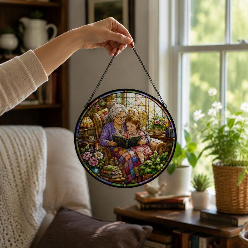 decorative-glass-window-hanging-grandmother-and-granddaughter-reading