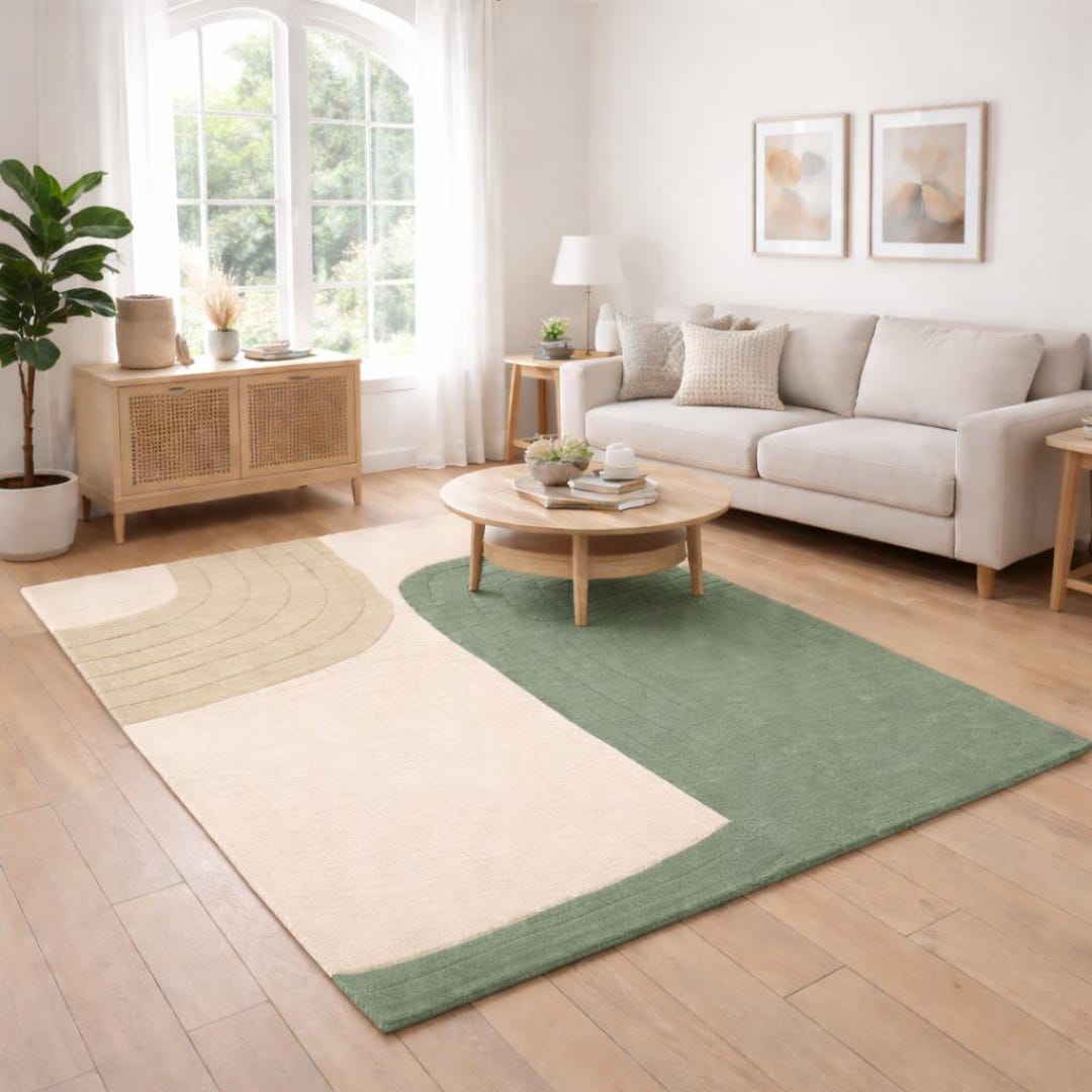 Modern Two Tone Beige & Sage Green Area Rug – Solid Minimalist ...