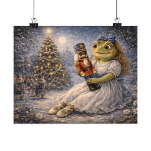 May include: A whimsical print featuring a frog-like character in a white dress holding a nutcracker doll. The scene is set in a snowy forest with a decorated Christmas tree and marching mice in the background. The artwork has a fairytale theme.
