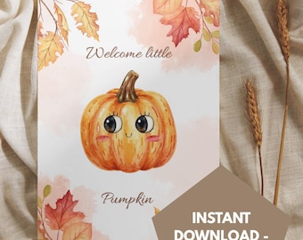 Cartão de Boas-Vindas Abóborazinha, Cartão Imprimível para Recém-Nascido, Cartão para Chá de Bebê, Cartão de Outono para Bebê, Cartão de Cumprimentos com Abóbora, Cartão de Halloween, Formato A6 Digital
