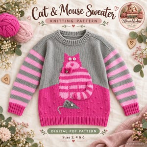 Puede incluir: Un suéter de punto a rayas grises y rosas con un motivo central de gato con ojos de botón y una pequeña aplicación de ratón en la parte inferior. El texto Cat & Mouse Sweater Knitting Pattern aparece arriba, con Digital PDF Pattern Sizes 2, 4 & 6 debajo.