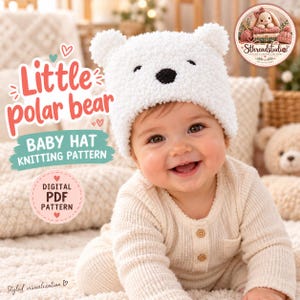 Polar Bear Hat Knitting Pattern, Fluffy Baby Beanie, Beginner Garter Stitch, 6–12 & 18–24 Months, PDF