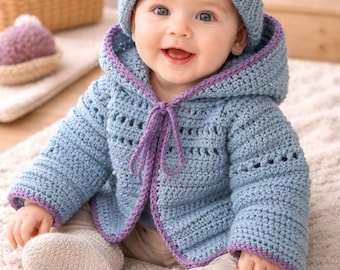 Baby Hooded Cardigan Crochet Pattern with Hat | Easy Sweater Set (PDF Download)