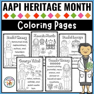Peut inclure: Pages à colorier pour le mois du patrimoine AAPI, avec des illustrations de personnalités asiatiques américaines et insulaires du Pacifique, dont David Chang, Kamala Harris, Daniel Inouye, George Takei et Connie Chung. Le texte "Coloring Pages" est visible.