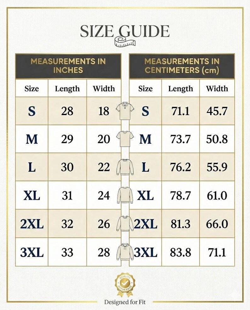 May include: Size guide chart with measurements in inches and centimeters. Measurements include length and width for sizes S, M, L, XL, 2XL, and 3XL. The chart shows the length of a size S is 28 inches, or 71.1 cm.