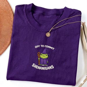 May include: A purple t-shirt with the phrase "OFF TO COMMIT SHENANIGANS" and a cartoon frog dressed as a wizard. A gold necklace with a circular pendant is draped across the shirt.