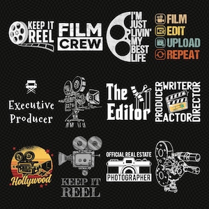 May include: A black graphic design with film-related imagery. It features text such as "Film Crew," "Executive Producer," and "Hollywood." The design includes film reels, cameras, and a clapperboard, all presented in a vintage style.