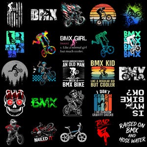 May include: A collection of twenty-five distinct graphic designs featuring BMX bicycles, riders, and skeletons. The artwork includes various text elements like BMX GIRL, BMX KID, I DON'T CRASH, and RAISED ON BMX AND HOSE WATER, displayed in vibrant colours.